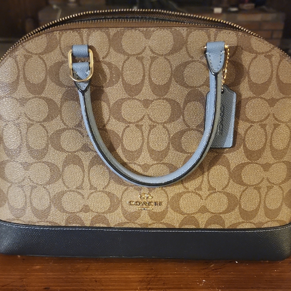 Tan and Beige Patterned Satchel with Dome Shape and Dual Handles